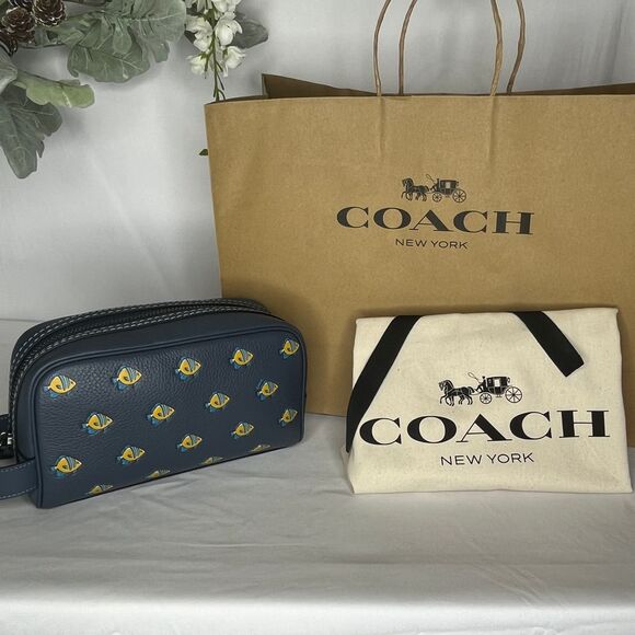 Coach New York Navy Blue Leather Cosmetic Bag, Yellow Fish Print, Dust Bag, NWT - Picture 1 of 13